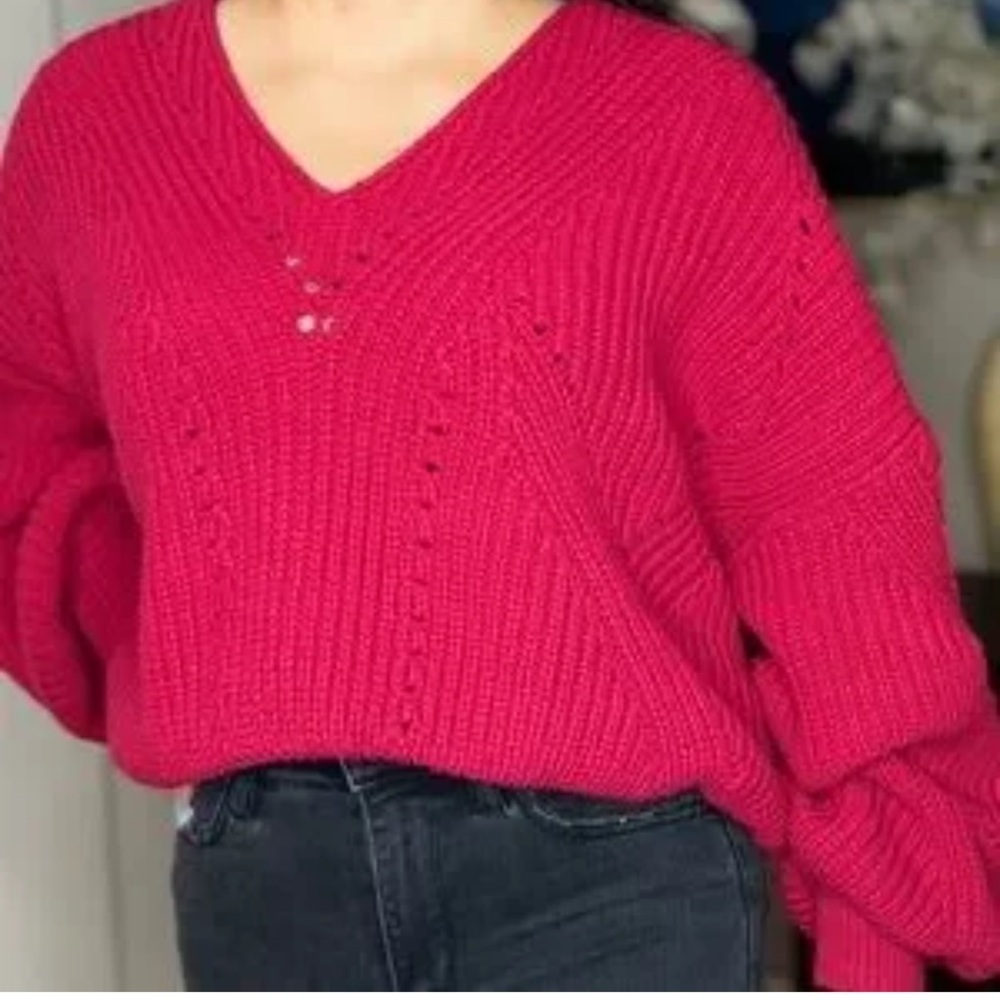 Free People V-Neck Sweater in Vibrant Pink